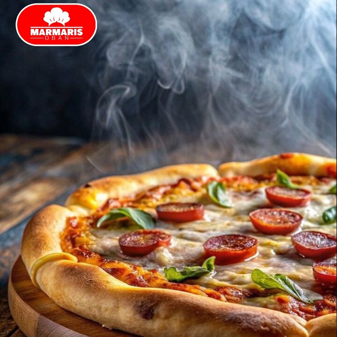 Cheesy pizza with tomato sauce, vegetables, and herbs Marmaris Oban Takeaway