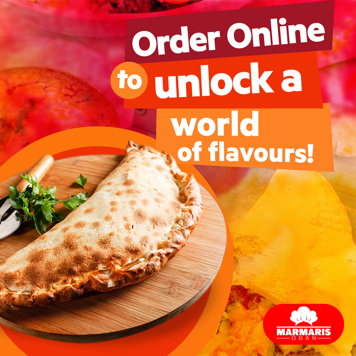 Loaded calzone with fresh toppings, cheese, and herbs Marmaris Oban Takeaway