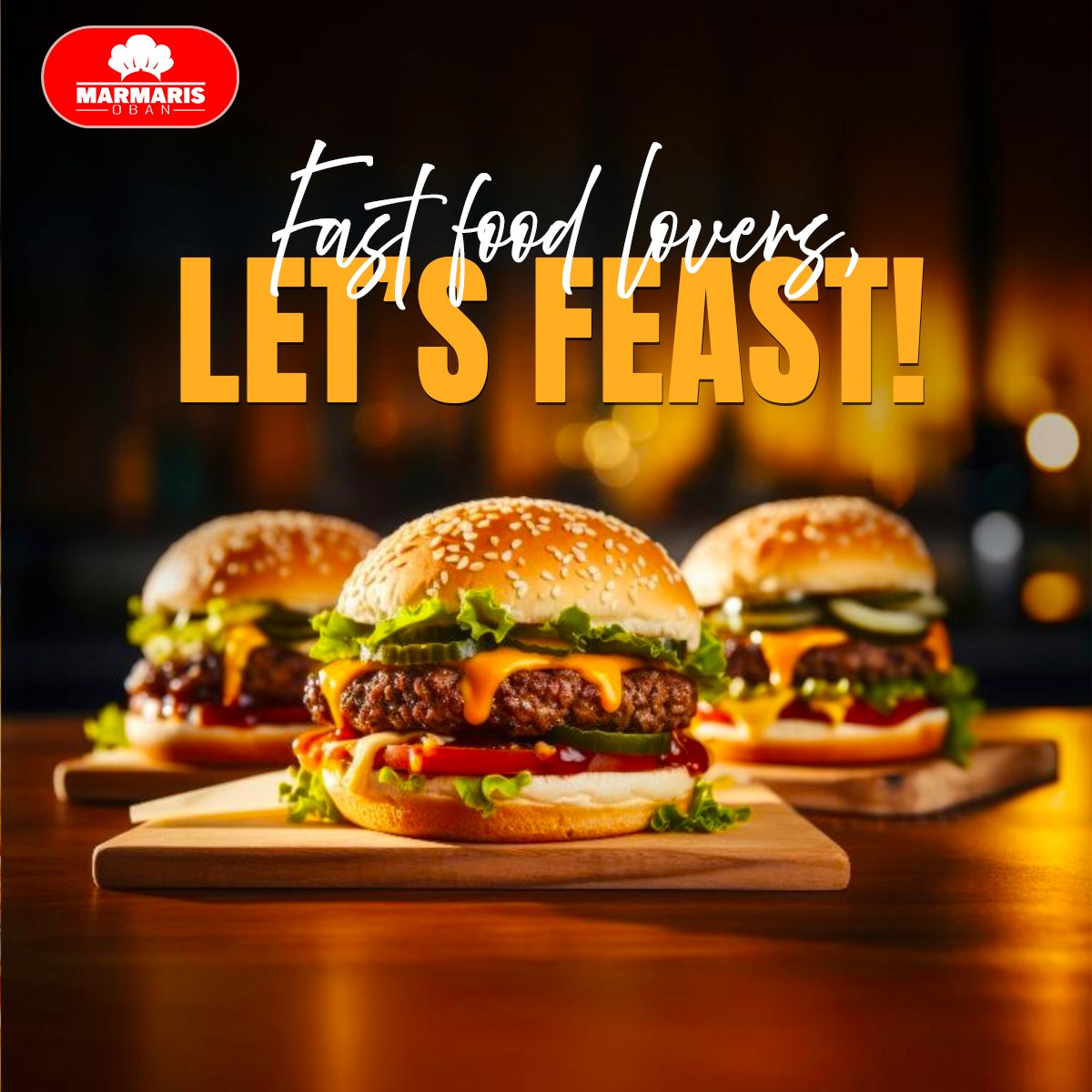 Tasty burger with lettuce, tomato, onion, and a toasted bun Marmaris Oban Takeaway