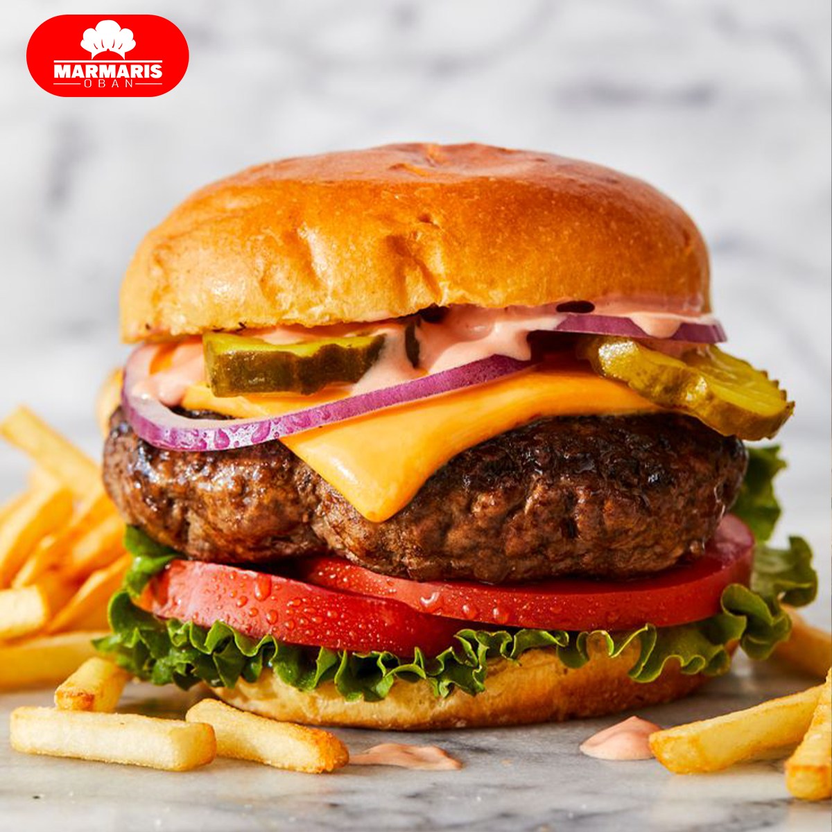 juicy gourmet burger with melted cheese and fresh toppings Marmaris Kebab House Oban